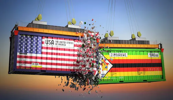 ABD ve Zimbabwe bayraklı kargo konteynerleri - 3 boyutlu illüstrasyon