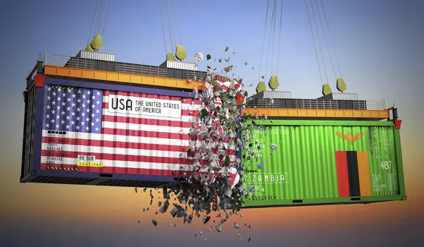 ABD ve Zambiya bayraklı kargo konteynerleri - 3D illüstrasyon