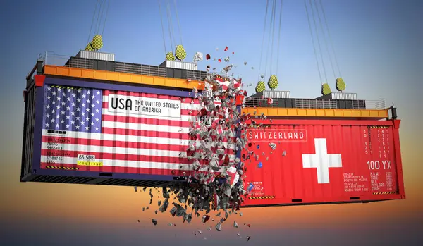 ABD ve İsviçre bayraklı kargo konteynerleri - 3D illüstrasyon