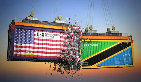 ABD ve Tanzanya bayraklı kargo konteynerleri - 3 boyutlu illüstrasyon
