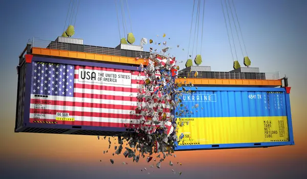 ABD ve Ukrayna bayraklı kargo konteynerleri - 3 boyutlu illüstrasyon