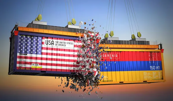 ABD ve Ermenistan bayraklı kargo konteynerleri - 3 boyutlu illüstrasyon