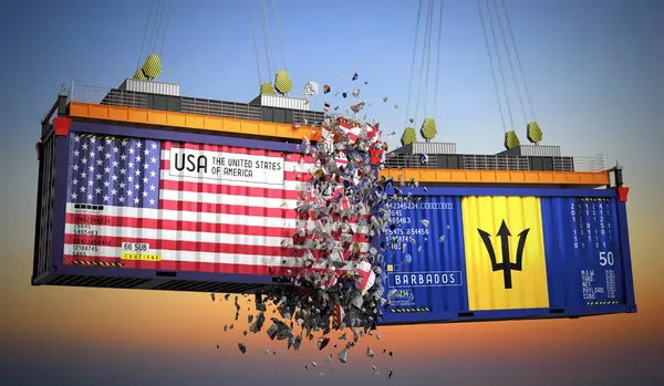 ABD ve Barbados bayraklı kargo konteynerleri - 3D illüstrasyon