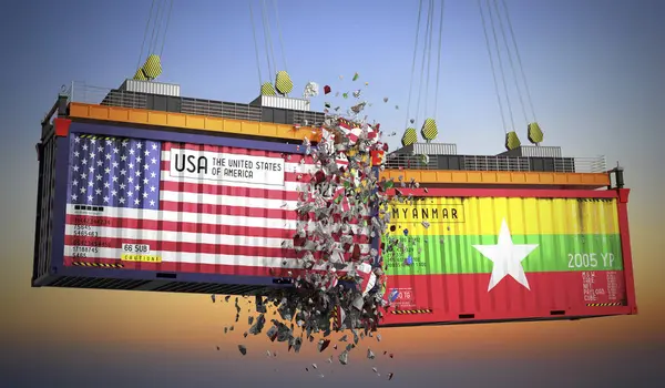 ABD ve Myanmar bayraklı kargo konteynerleri - 3 boyutlu illüstrasyon