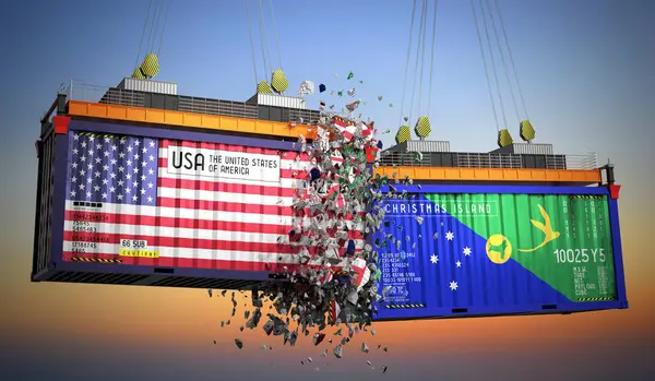 ABD ve Noel Adası bayraklı kargo konteynerleri - 3 boyutlu illüstrasyon