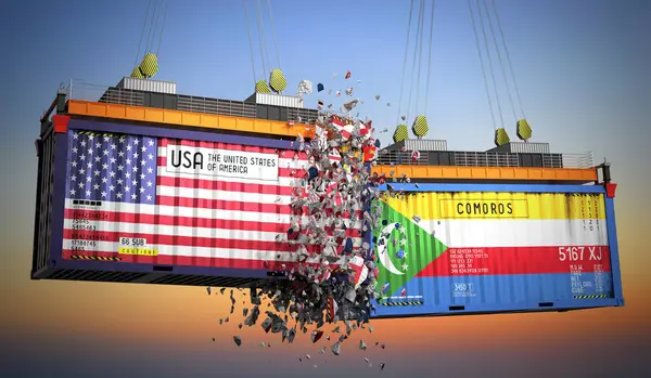 ABD ve Komoros bayraklı kargo konteynerleri - 3 boyutlu illüstrasyon