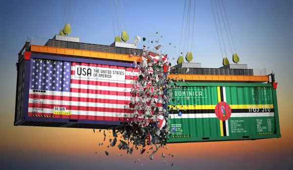 ABD ve Dominica bayraklı kargo konteynerleri - 3 boyutlu illüstrasyon