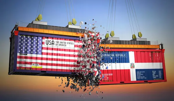 ABD ve Dominik Cumhuriyeti bayraklı kargo konteynerleri - 3 boyutlu illüstrasyon