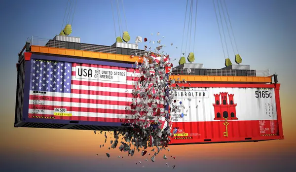 ABD ve Giblartar bayraklı kargo konteynerleri - 3 boyutlu illüstrasyon