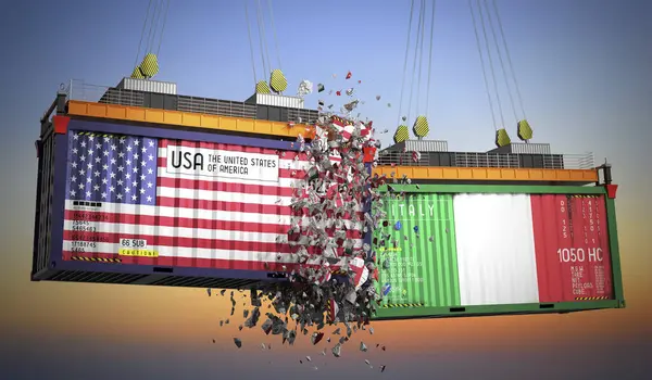 ABD ve İtalya bayraklı kargo konteynerleri - 3D illüstrasyon