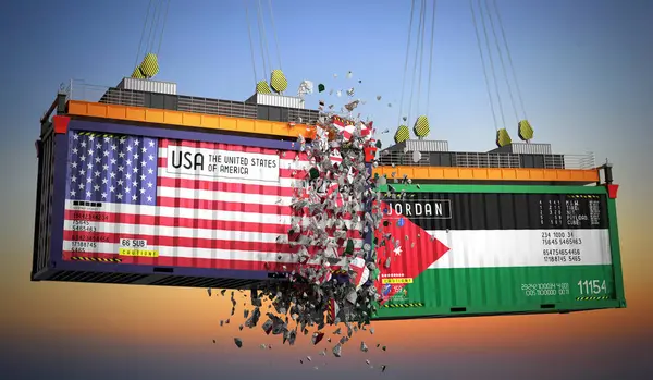 ABD ve Ürdün bayraklı kargo konteynerleri - 3D illüstrasyon