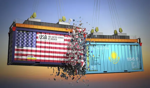 ABD ve Kazakistan bayraklı kargo konteynerleri - 3 boyutlu illüstrasyon