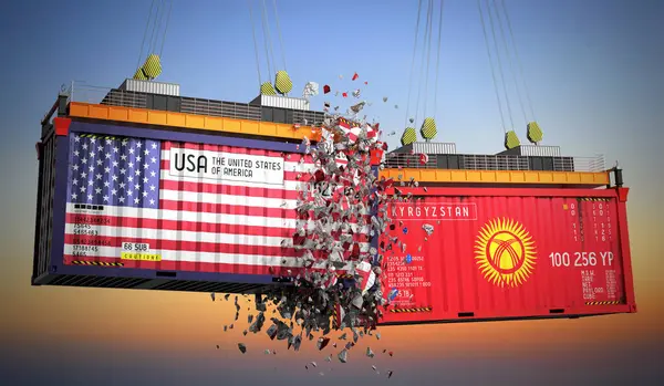 ABD ve Kırgızistan bayraklı kargo konteynerleri - 3 boyutlu illüstrasyon