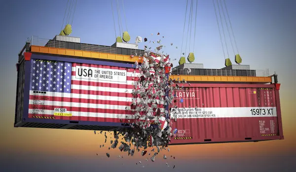 ABD ve Letonya bayraklı kargo konteynerleri - 3 boyutlu illüstrasyon