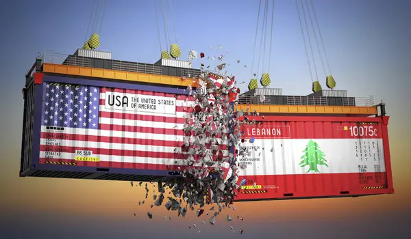 ABD ve Lübnan bayraklı kargo konteynerleri - 3 boyutlu illüstrasyon