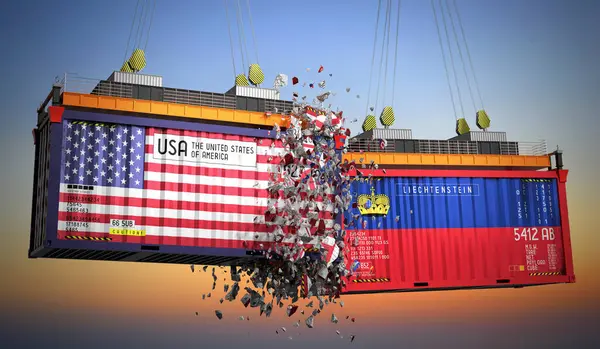 ABD ve Lihtenştayn bayraklı kargo konteynerleri - 3D illüstrasyon
