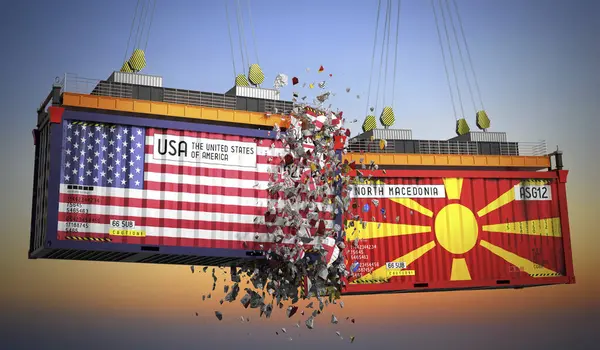 ABD ve Kuzey Makedonya bayraklı kargo konteynerleri - 3D illüstrasyon