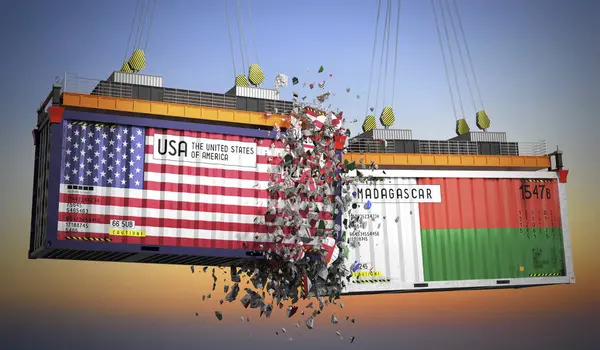 ABD ve Madagaskar bayraklı kargo konteynerleri - 3 boyutlu illüstrasyon