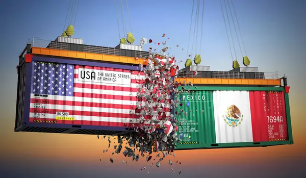 ABD ve Meksika bayraklı kargo konteynerleri - 3D illüstrasyon