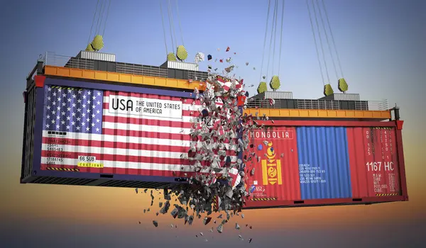 ABD ve Moğolistan bayraklı kargo konteynerleri - 3 boyutlu illüstrasyon