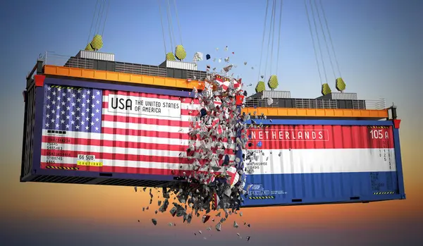 ABD ve Hollanda bayraklı kargo konteynerleri - 3D illüstrasyon
