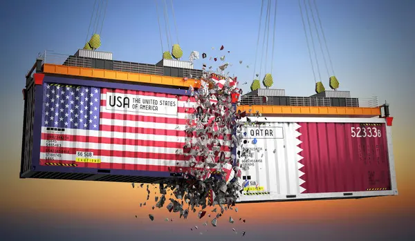 ABD ve Katar bayraklı kargo konteynerleri - 3D illüstrasyon