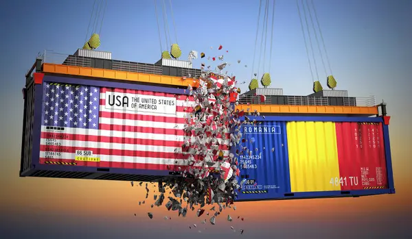 ABD ve Romanya bayraklı kargo konteynerleri - 3D illüstrasyon