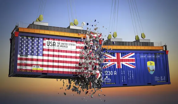 ABD ve Saint Barthelemy bayraklı kargo konteynırları - 3 boyutlu illüstrasyon