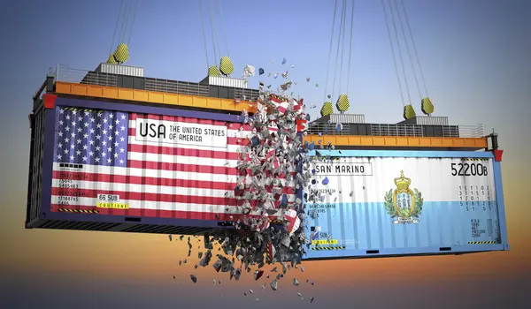 ABD ve San Marino bayraklı kargo konteynerleri - 3 boyutlu illüstrasyon