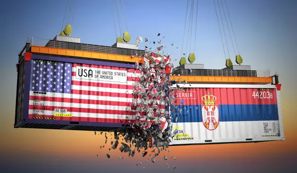 ABD ve Sırbistan bayraklı kargo konteynerleri - 3D illüstrasyon