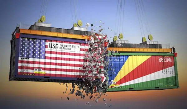 ABD ve Seyşeller 'in bayraklı kargo konteynerleri - 3D illüstrasyon