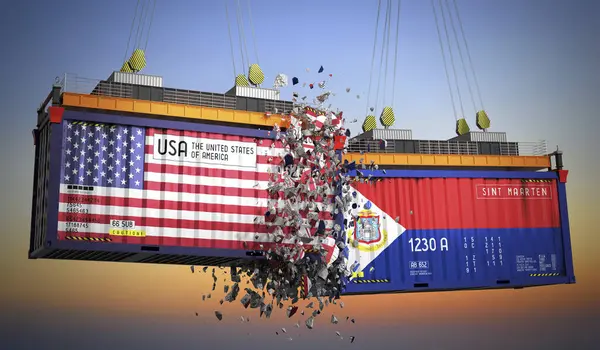 ABD ve Sint Maarten bayraklı kargo konteynerleri - 3 boyutlu illüstrasyon