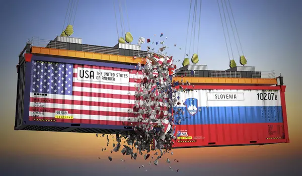 ABD ve Slovenya bayraklı kargo konteynerleri - 3D illüstrasyon