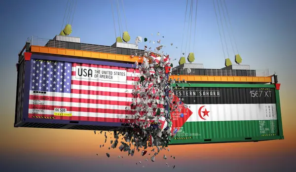 ABD ve Batı Sahra bayraklı kargo konteynerleri - 3 boyutlu illüstrasyon