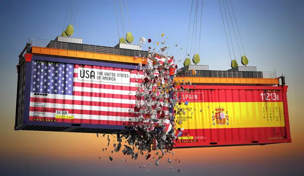 ABD ve İspanya bayraklı kargo konteynerleri - 3D illüstrasyon