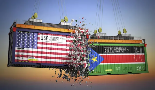 ABD ve Güney Sudan bayraklı kargo konteynerleri - 3 boyutlu illüstrasyon
