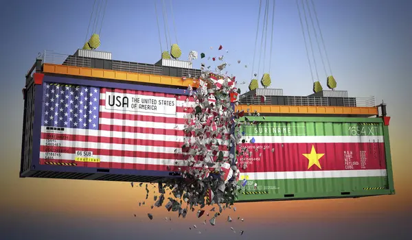 ABD ve Surinam bayraklı kargo konteynerleri - 3 boyutlu illüstrasyon