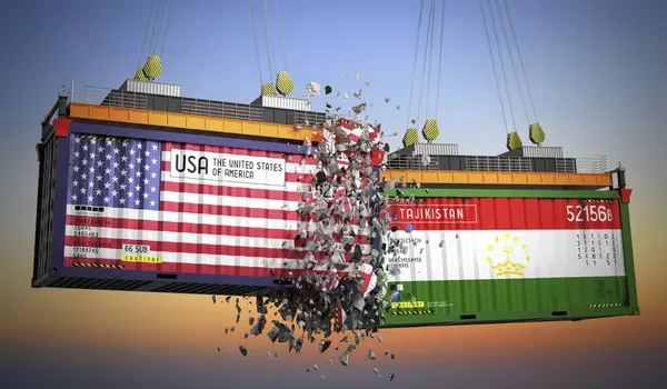 ABD ve Tacikistan bayraklı kargo konteynerleri - 3 boyutlu illüstrasyon