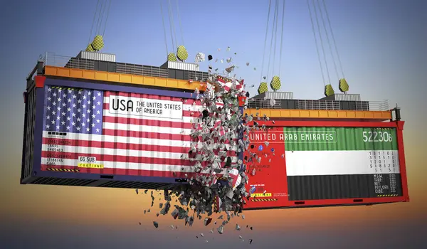ABD ve Birleşik Arap Emirlikleri bayraklı kargo konteynerleri - 3 boyutlu illüstrasyon