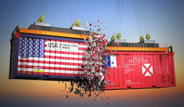 ABD, Wallis ve Futuna bayraklı kargo konteynerleri - 3 boyutlu illüstrasyon