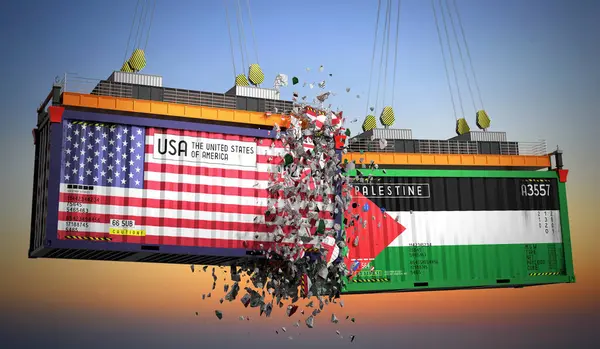 ABD ve Filistin bayraklı kargo konteynerleri - 3 boyutlu illüstrasyon
