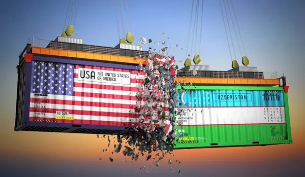 ABD ve Özbekistan bayraklı kargo konteynerleri - 3D illüstrasyon