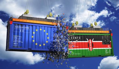 Avrupa Birliği ve Kenya bayraklı kargo konteynerleri - 3D illüstrasyon