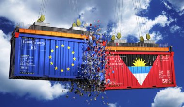 Avrupa Birliği, Antigua ve Barbuda bayraklı kargo konteynerleri - 3 boyutlu illüstrasyon