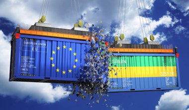 Avrupa Birliği ve Gabon bayraklı kargo konteynerleri - 3D illüstrasyon