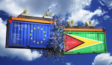 Avrupa Birliği ve Guyana bayraklı kargo konteynerleri - 3 boyutlu illüstrasyon