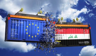 Avrupa Birliği ve Irak bayraklı kargo konteynerleri - 3D illüstrasyon