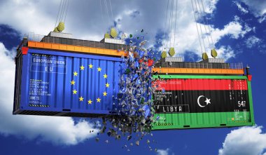 Avrupa Birliği ve Libya bayraklı kargo konteynerleri - 3D illüstrasyon
