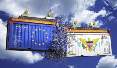 Avrupa Birliği ve Amerikan Virjin Adaları bayraklı kargo konteynerleri - 3D illüstrasyon