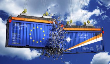 Avrupa Birliği ve Marshall Adaları bayraklı kargo konteynerleri - 3D illüstrasyon